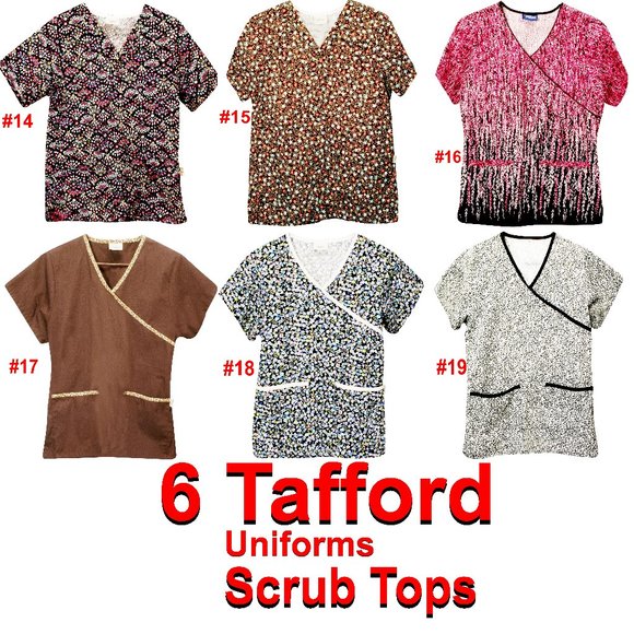 6 LOT TRAFFORD UNIFORM SCRUB TOP SMALL S PATTERN SOLID 2 POCKET WOMEN CLEANED - Picture 1 of 7